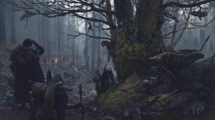 Fantasy forest scene with warriors and dead bodies
