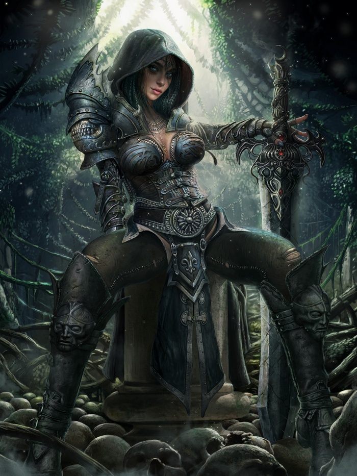 Fantasy warrior woman with sword in forest
