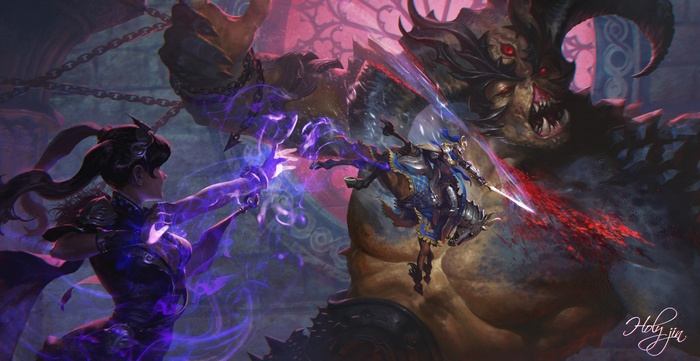Woman casting magic against a demon and knight