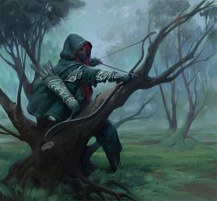 Fantasy archer with red hair aiming a bow in a forest