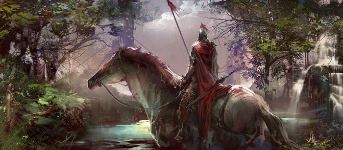 Knight on horseback in a forest with a waterfall