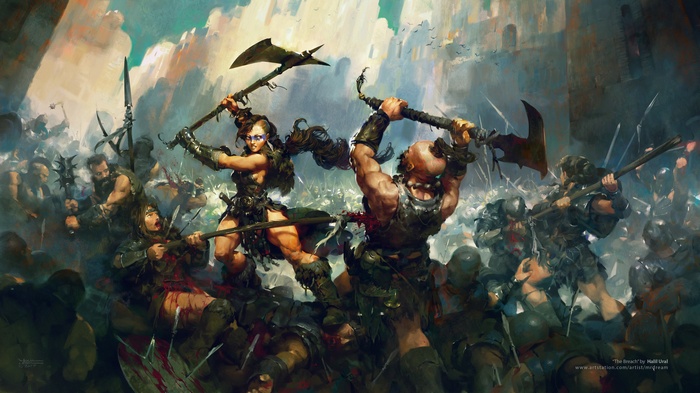 Warriors in a brutal battle with axes and swords