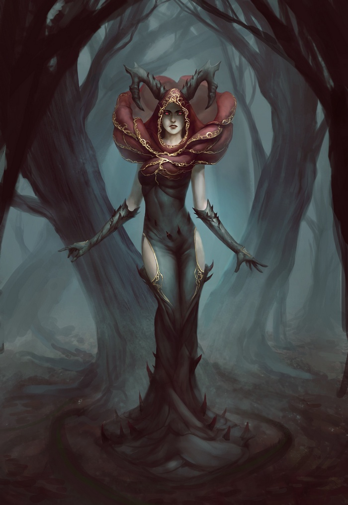 Fantasy warrior woman with rose-like headdress in dark forest