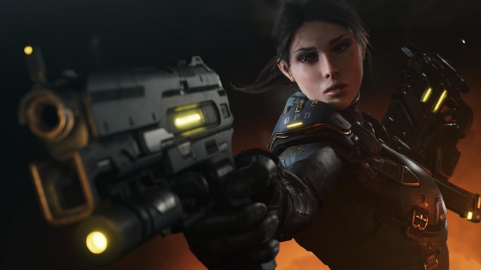 Woman in futuristic armor holding a gun