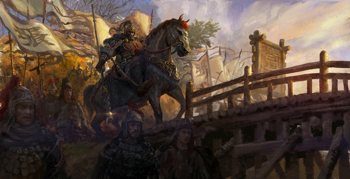 Warrior on horseback leading an army across a bridge
