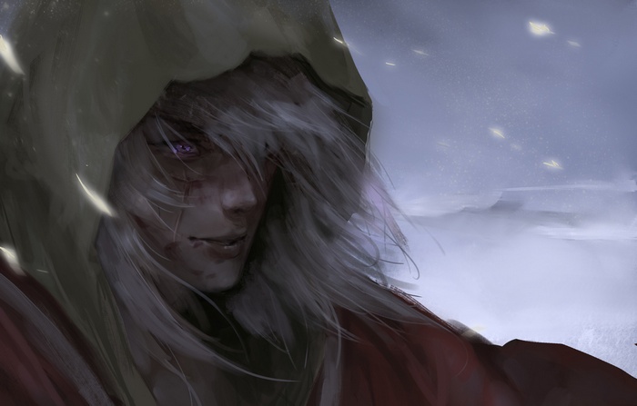 Fantasy art of a scarred warrior with purple eyes