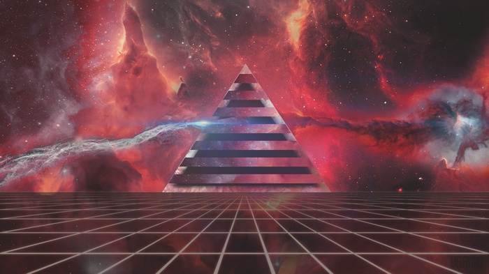 Retro pyramid in a nebula with a grid floor