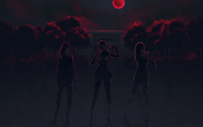 Three girls from Prison School under a red moon