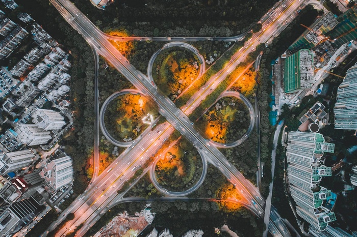 Aerial view of a cloverleaf interchange at night