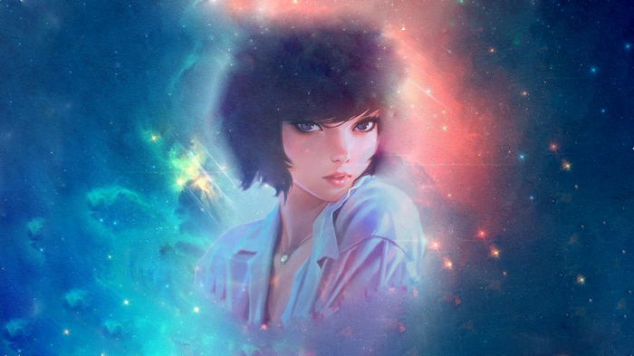Anime girl with short hair in a galaxy
