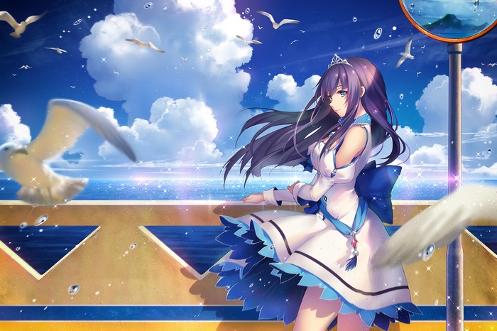 Anime girl with tiara and white dress by the sea