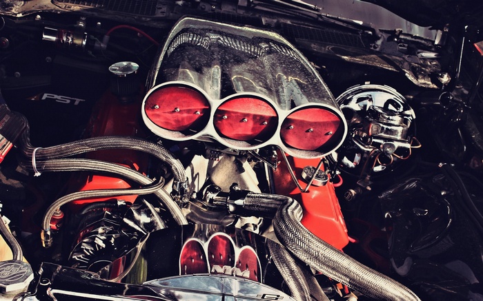 Custom car engine with chrome and red accents