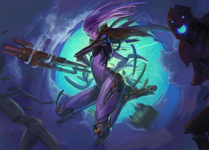 Futuristic elf warrior with a gun and a robot