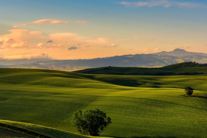 Rolling green hills and distant mountains at sunset