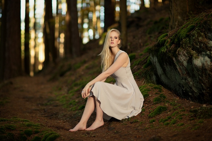 Michael Kremsler, forest, women, open mouth, blonde, looking into the distance, long hair, sitting, barefoot, white dress