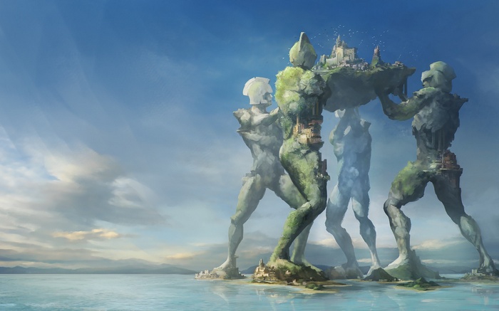 Fantasy artwork of colossal statues carrying a castle island