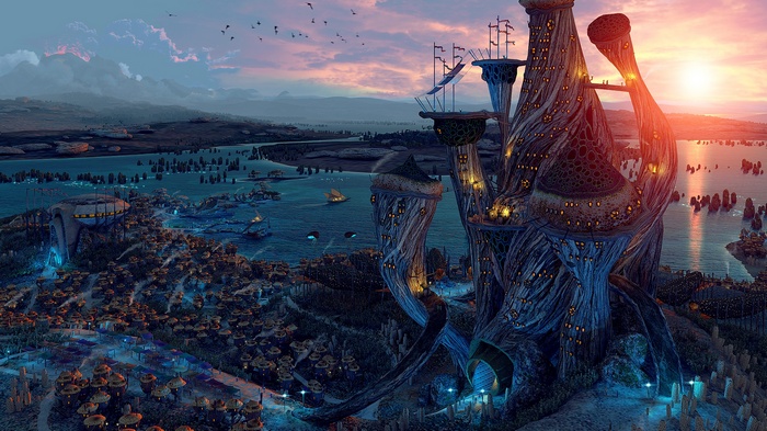 Fantasy city with mushroom-like towers by the water