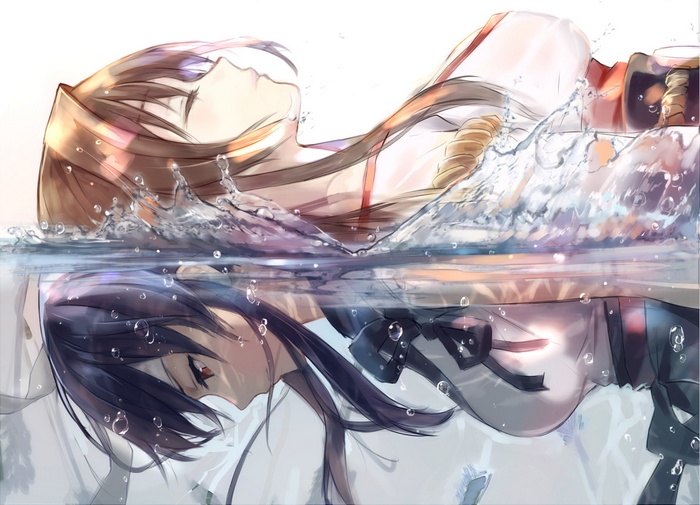 Anime girls with long hair reflected in water