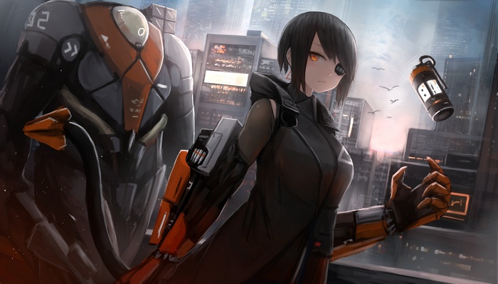 Girl with mech in a futuristic cityscape