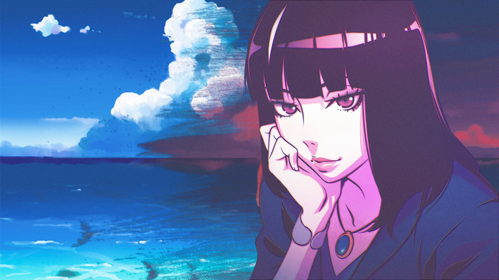 Anime girl with purple eyes by the ocean