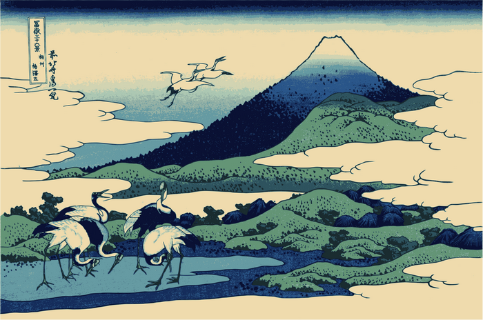 Cranes and Mount Fuji by Hokusai