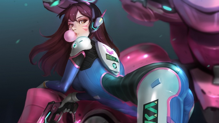 D.Va from Overwatch sitting on her MEKA