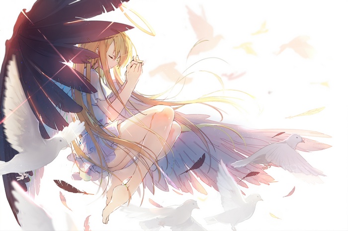 Angel with black and white wings surrounded by doves
