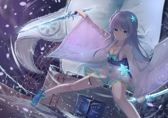 Anime girl with sword on a ship at night