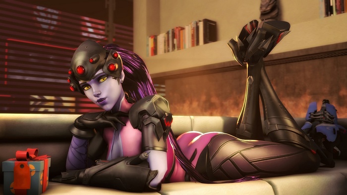 Widowmaker from Overwatch relaxing on a couch