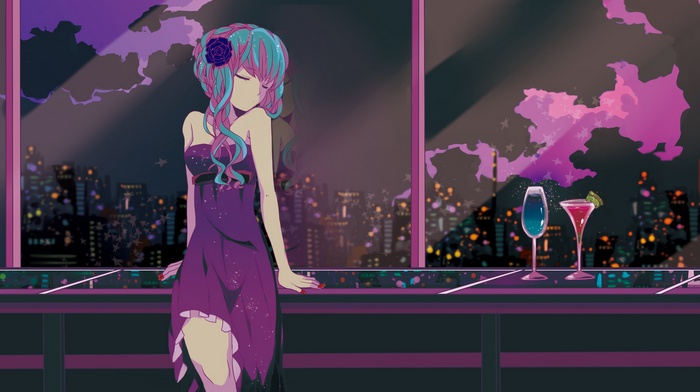Anime girl with blue hair in a purple dress by the window