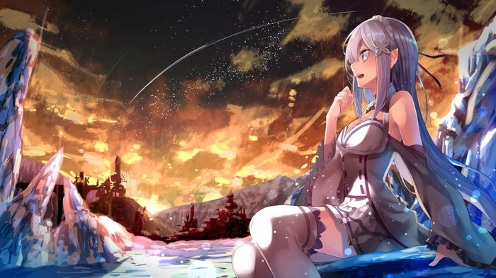 Emilia from Re:Zero sitting by an iceberg during sunset