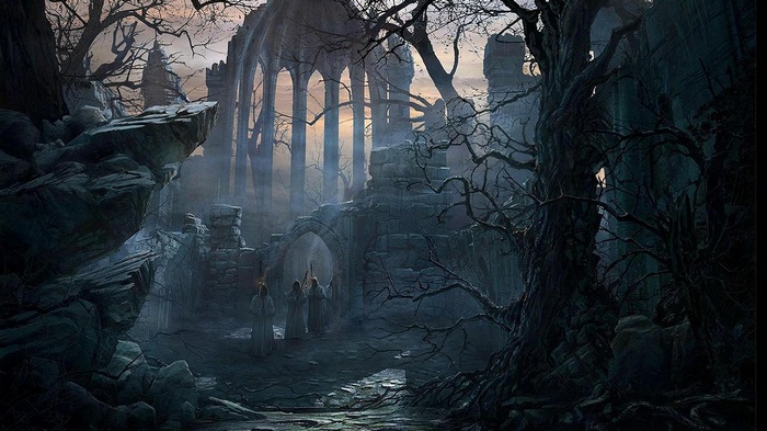 Monks in a misty, ruined temple at night