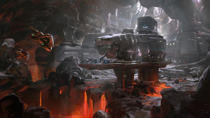Halo concept art of a futuristic base in a lava cave