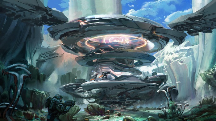 Halo 5: Guardians concept art of futuristic structures and soldiers