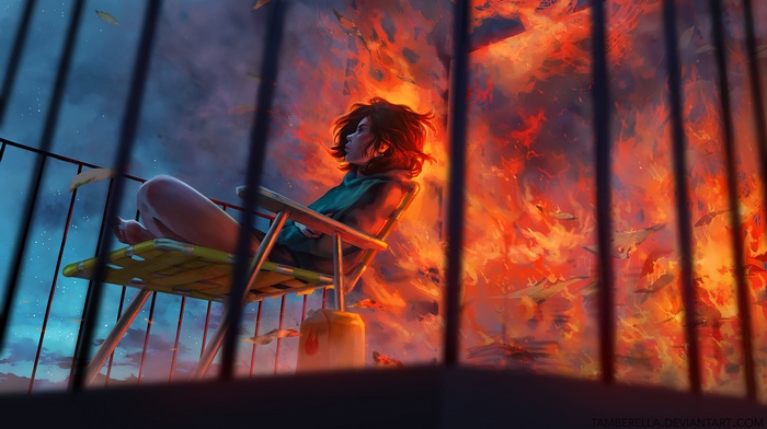 Girl on a balcony watching a city burn