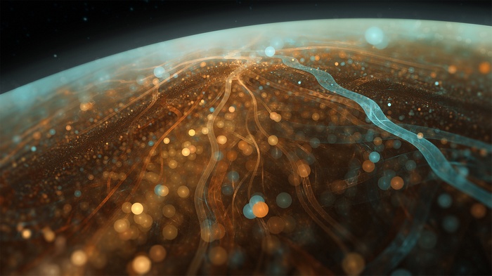 Abstract fractal with glowing spheres and wavy lines