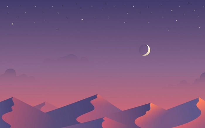 Minimalist desert dunes at night with stars and moon