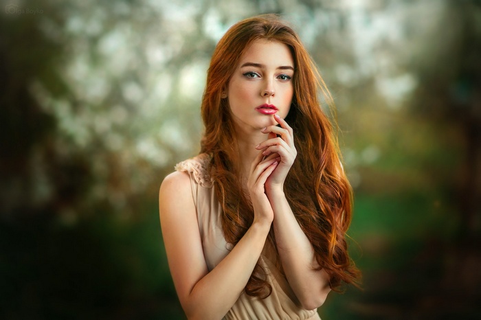Olga Boyko, portrait, redhead, women outdoors, long hair, women, face, bokeh, Alexandra Girskaya, dress