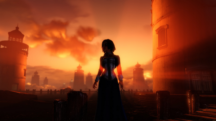 Elizabeth from BioShock Infinite with lighthouses at sunset