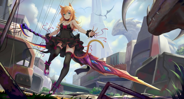 Cat girl with sword in ruined city