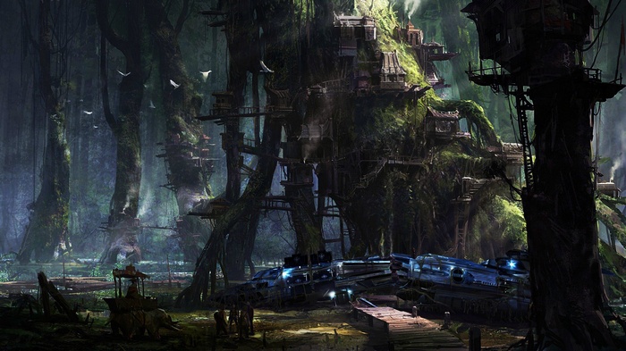 Futuristic settlement built on giant trees in a swamp