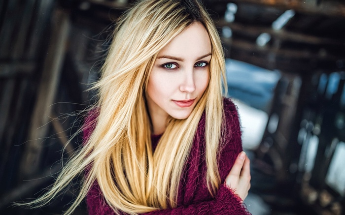 red, blonde, face, blue eyes, sweater, women