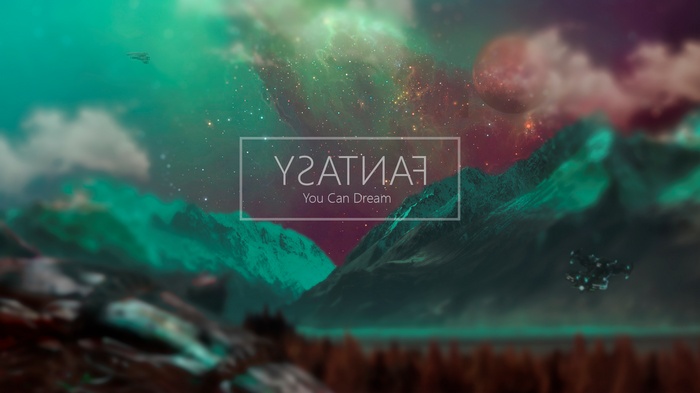 Fantasy landscape with planets and spaceships