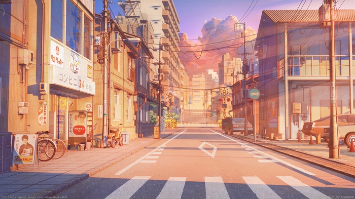 sky, Tokyo, car, bicycle, house, stores, building, clouds, street, sunset, Japan, digital art, crosswalk, sign