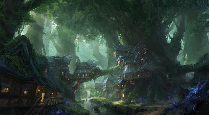 Fantasy forest village with river and sun rays