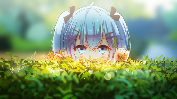 Girl with blue twintails peeking from bushes