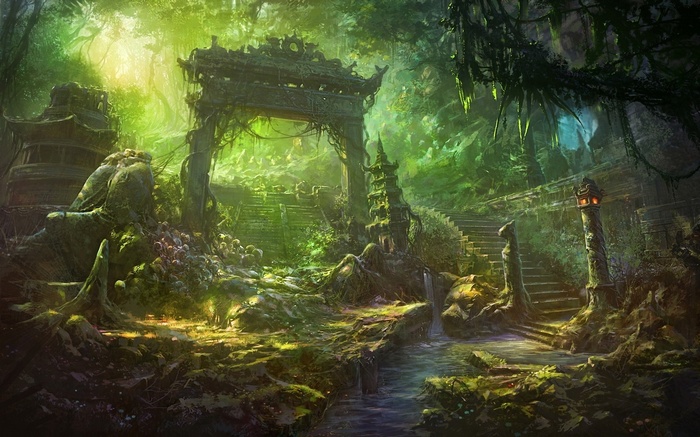 Ancient ruins in a overgrown jungle