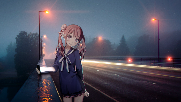 Anime girl in school uniform on a foggy road at night