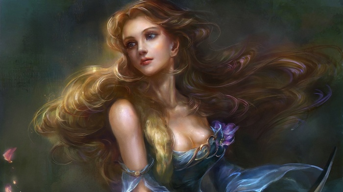 Artwork of a woman with long flowing hair and petals