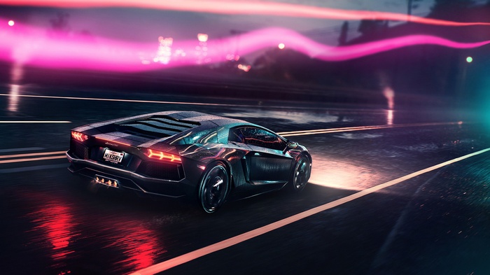 Lamborghini Aventador on a wet road with neon lights